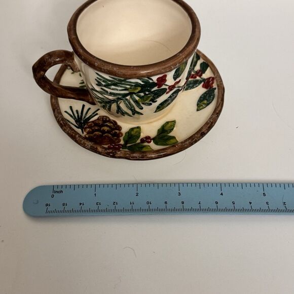 Yankee Candle Cup & Saucer Mini Candle Holder 2012 Pine Cones & Berries Rustic - Picture 8 of 9